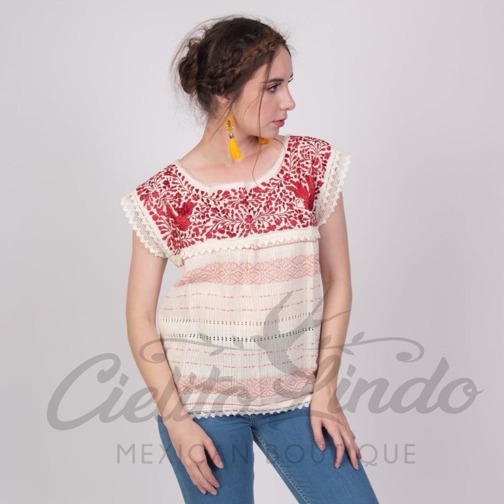Mexican Oaxaca Cream/Red Blouse